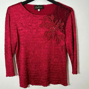 Cartise Ruched Krinkle Top Blouse Women Size Extra Large XL Lace Color Red Xmas